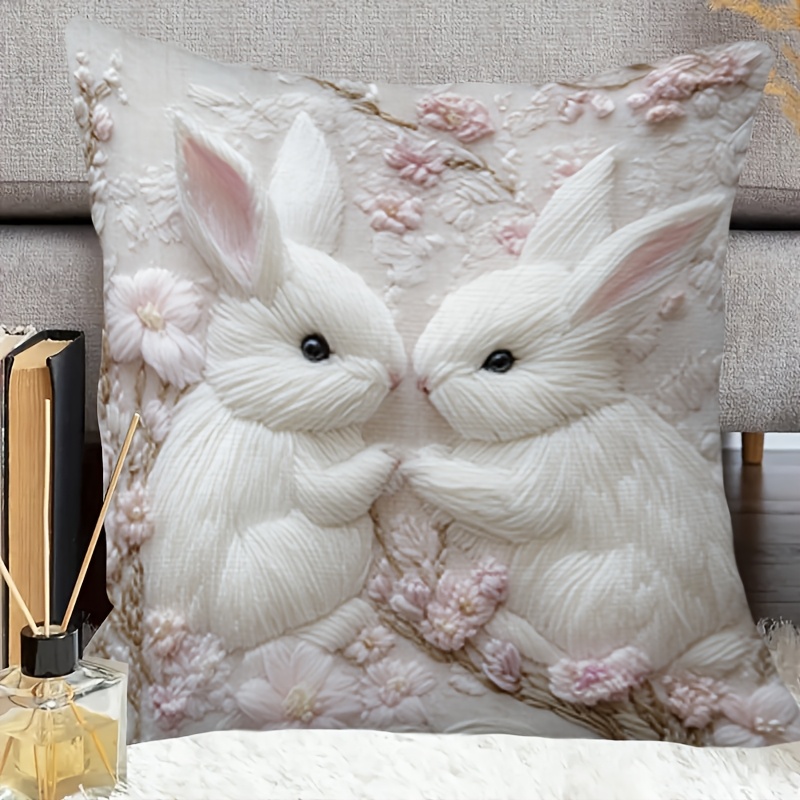 

1pc Easter Bunny 18x18" Throw Pillow Cover - Soft & Comfortable, Floral And Rabbit Design, Zippered Polyester Decor For Sofa & Bedroom, Ideal Holiday Gift (pillow Insert Not Included)