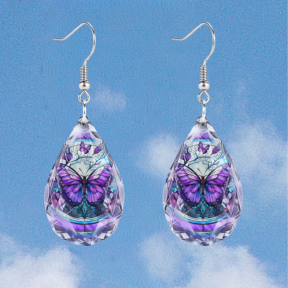 TEMU Women's Teardrop-shaped Cut Glass Purple Stained Glass Art Earrings | Elegant And Fashionable Jewelry, Suitable For Everyday Wear And Special