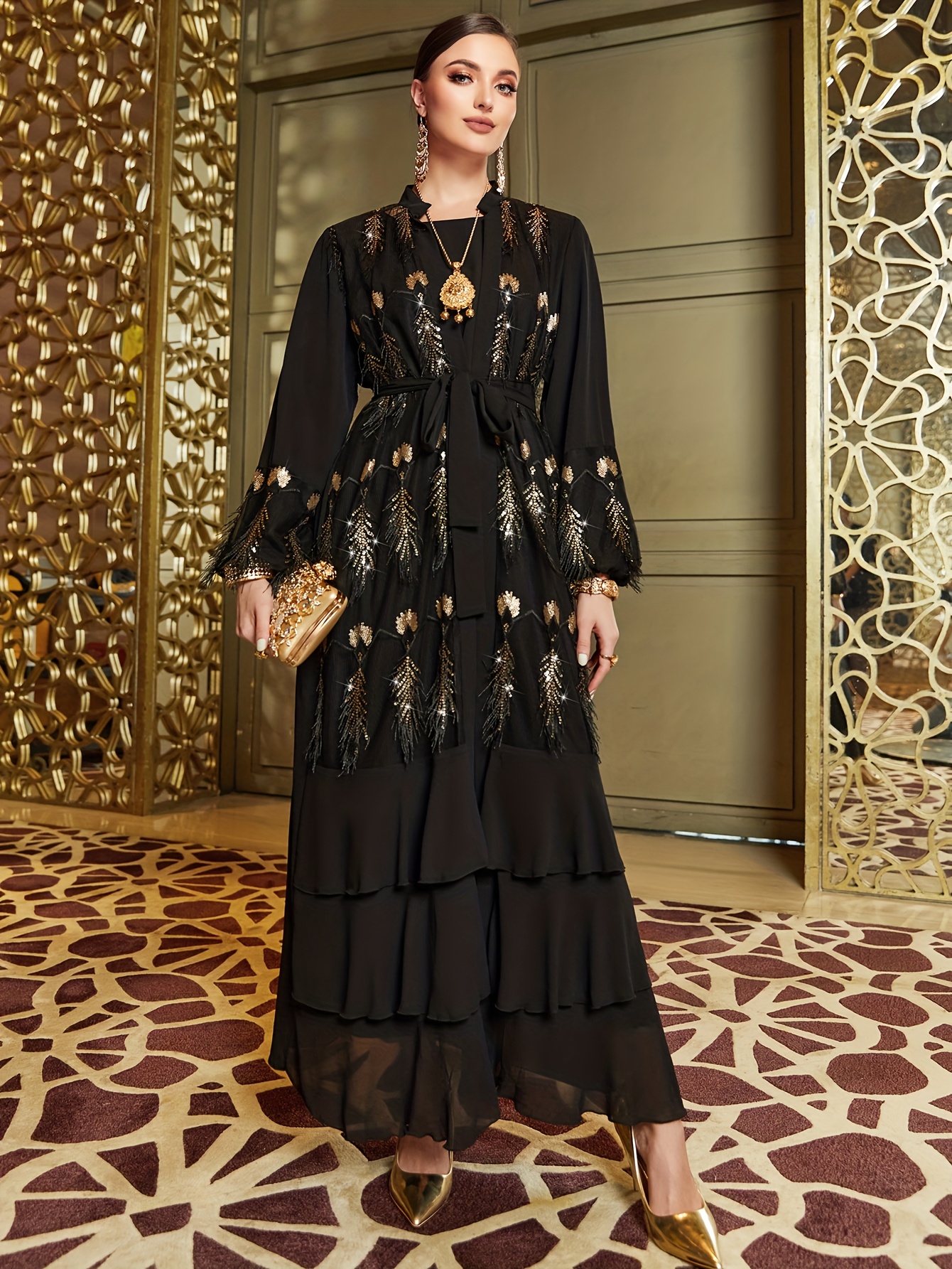 3152 black golden sequin embroidery two piece dress middle - Temu Oman