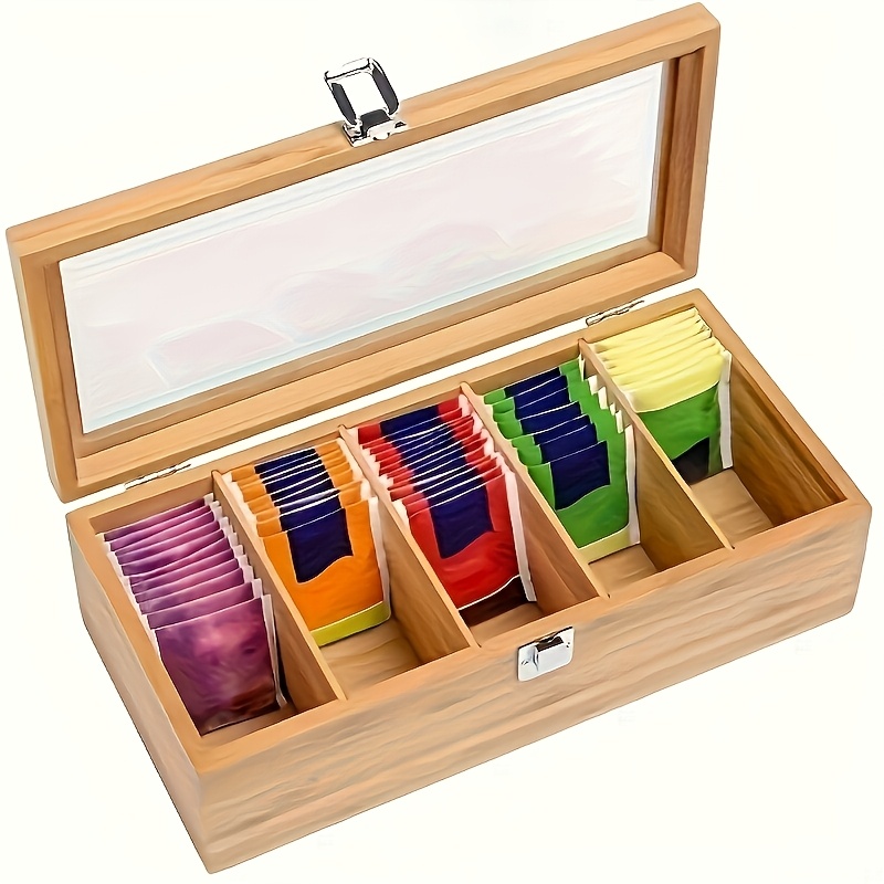 Bamboo Tea Storage Box, 5 Compartments with Acrylic Window Flip-Top Sealed Can, Tea Bag Storage Box, Usable in 4 Seasons