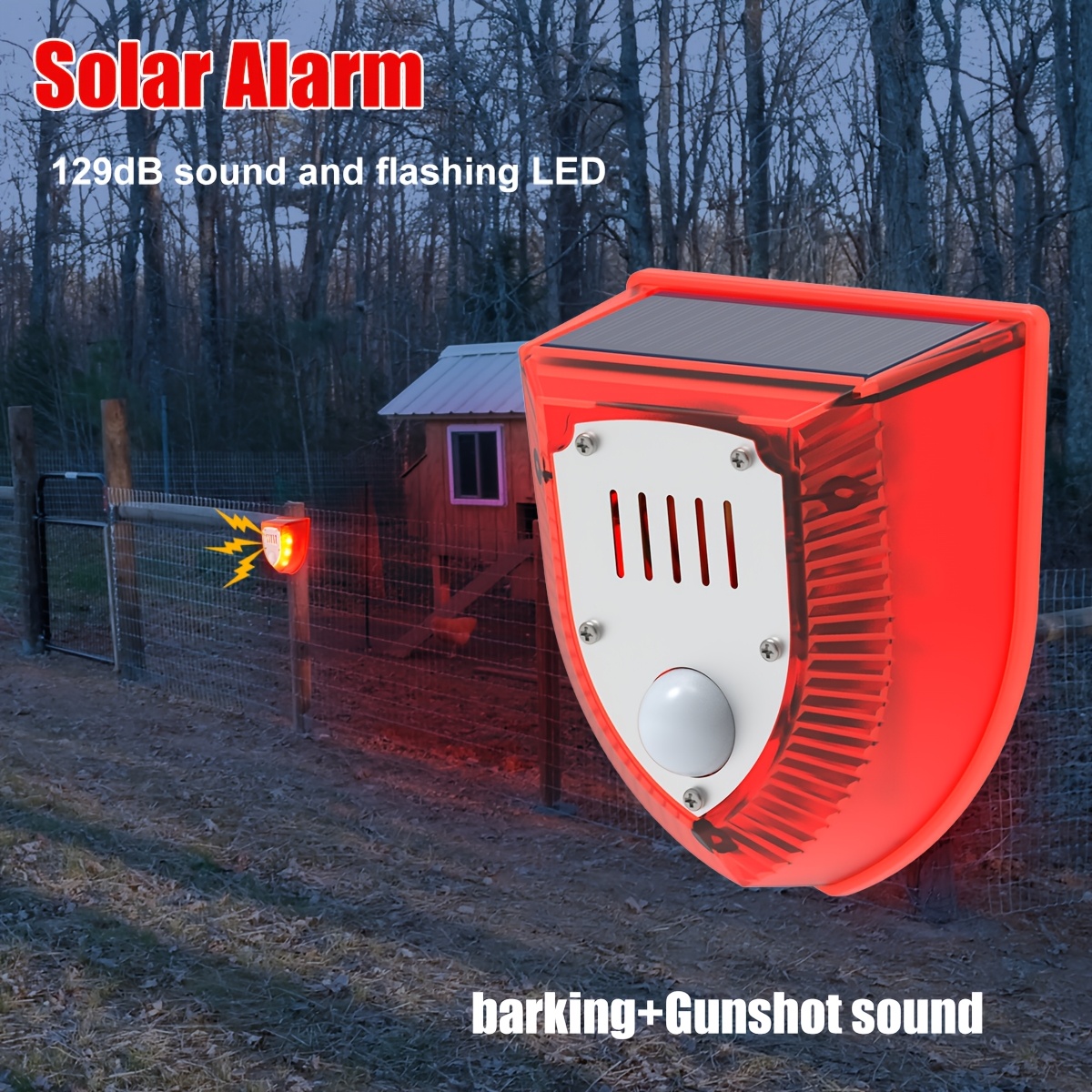 

1pc Ruocin Solar Security Alarm Light With 129db & Dog Barking Sound, Motion Sensor Strobe Warning Lamp For Outdoor Farm Barn Villa Yard, Solar Charging, Lithium Battery, Application Control