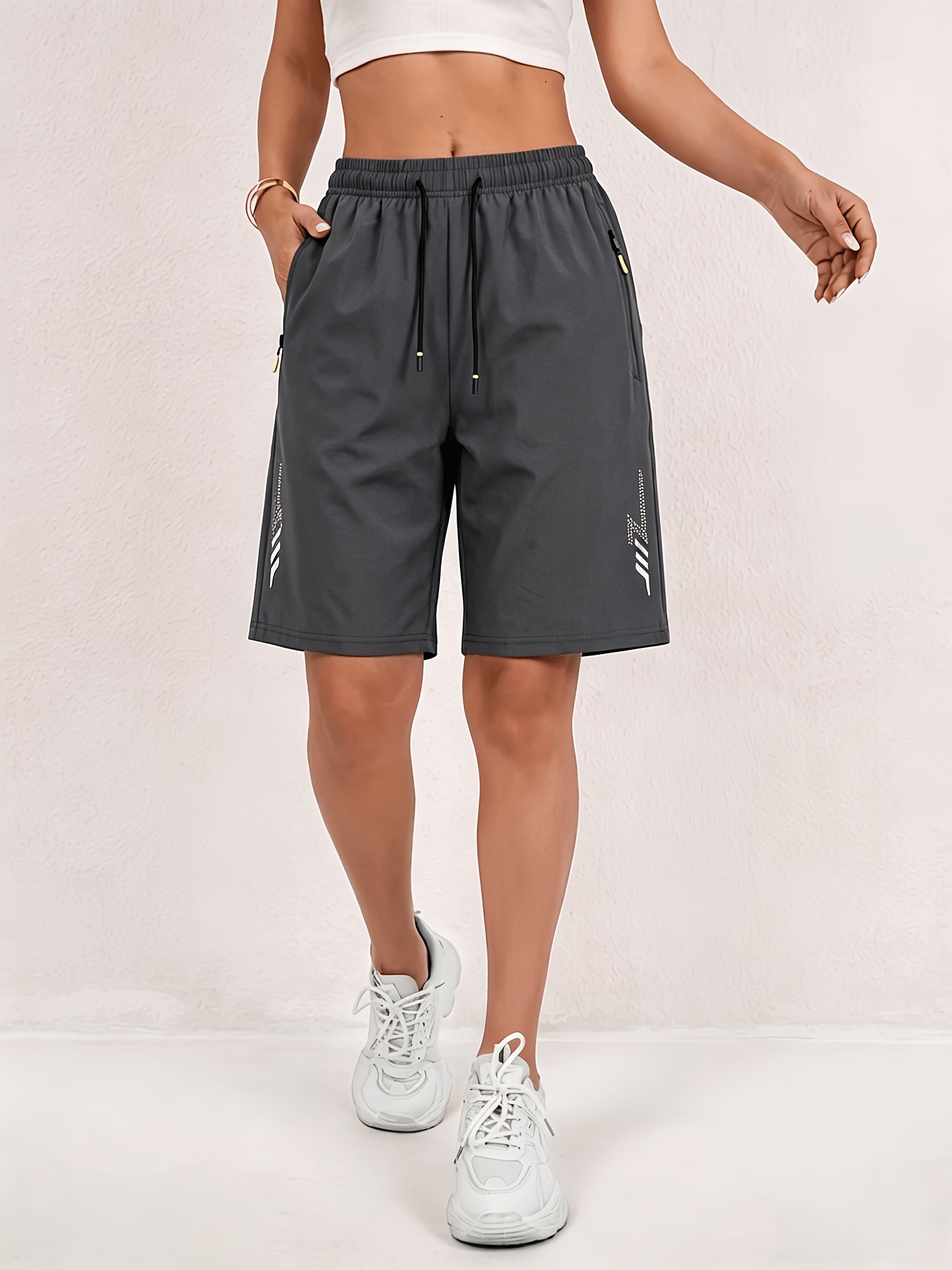 womens loose fit quick   shorts with anti slip zipper pockets for casual fitness and running