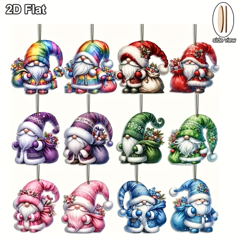 TEMU 2d Flat-12pcs Gnome New Christmas Gnome Wooden Ornaments Christmas Colorful Santa Claus Pattern Pendants Holiday Party Hanging Ornaments With