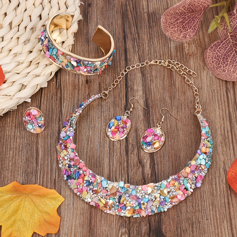 5pcs Set Of Colorful Women's Resin Jewelry, Including Necklace, Earrings, Ring And Bracelet, Multicolor Rainbow Resin , Sparkling On , An For Special Parties, Daily Matching Or Holiday Gifting