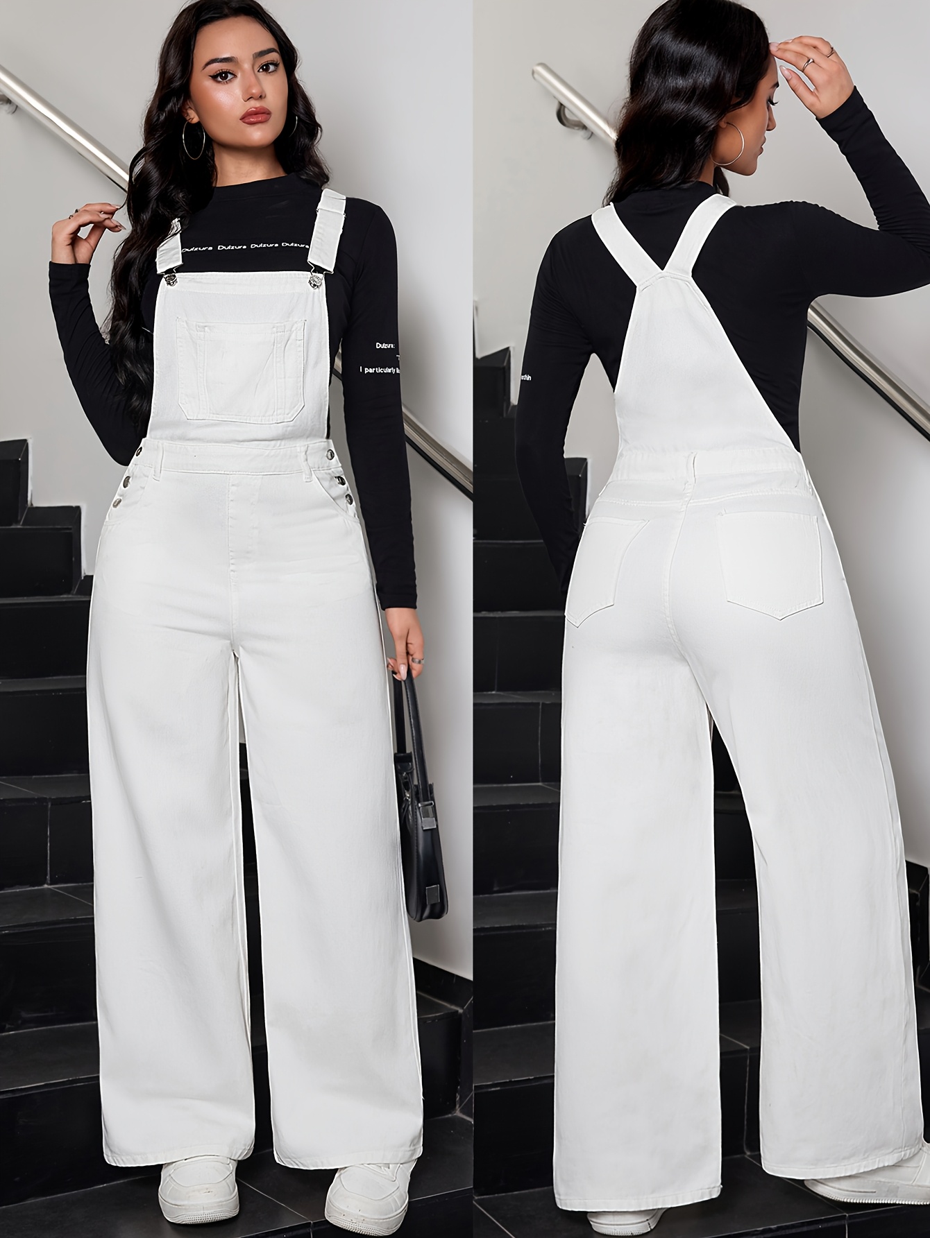 womens white fashionable elegant denim overalls details 0