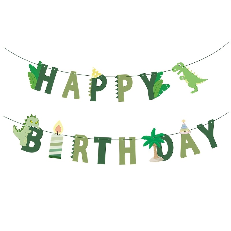 Birthday Party Decoration, Happy Birthday Banners, Dinosaur Forest Themed Decorations With Colorful Flags And Flowers