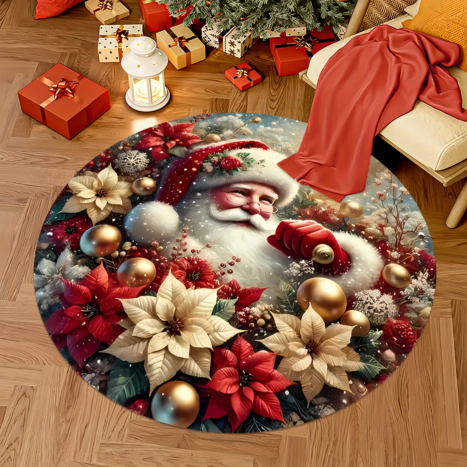 TEMU A Christmas-themed Area Rug Featuring A Design Of Santa Claus And Red Flowers, Round , Perfect For The Living Room. Soft And Comfortable,
