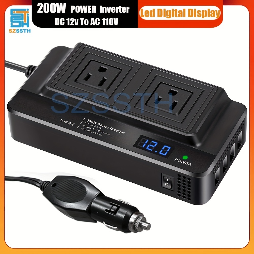 

200w Car Power Inverter With 4 Usb Ports - Dc 12v To 110v Ac Converter For Car, Suv, And Truck - Black Us Socket