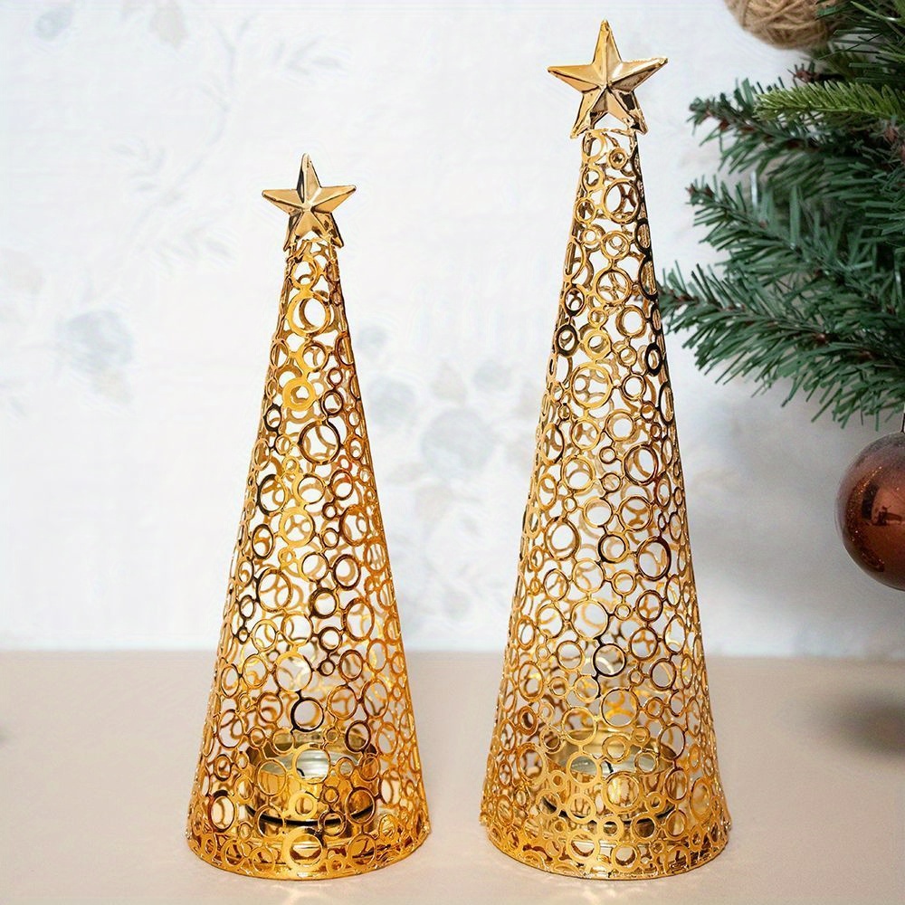 TEMU Set Of 2 Golden Christmas Tree Candle Holders With Bases, Perfect For Tabletop Decoration, Suitable For Small Candles With A Diameter Of Than 4
