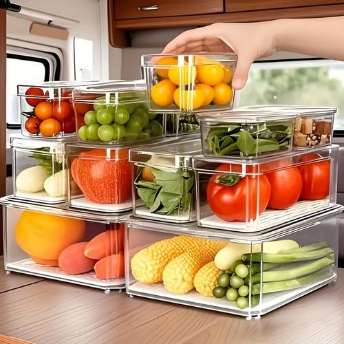 14pcs space saving clear refrigerator bin set with lids stackable food storage containers material with drain tray non slip base for fruits vegetables drinks ideal christmas gift