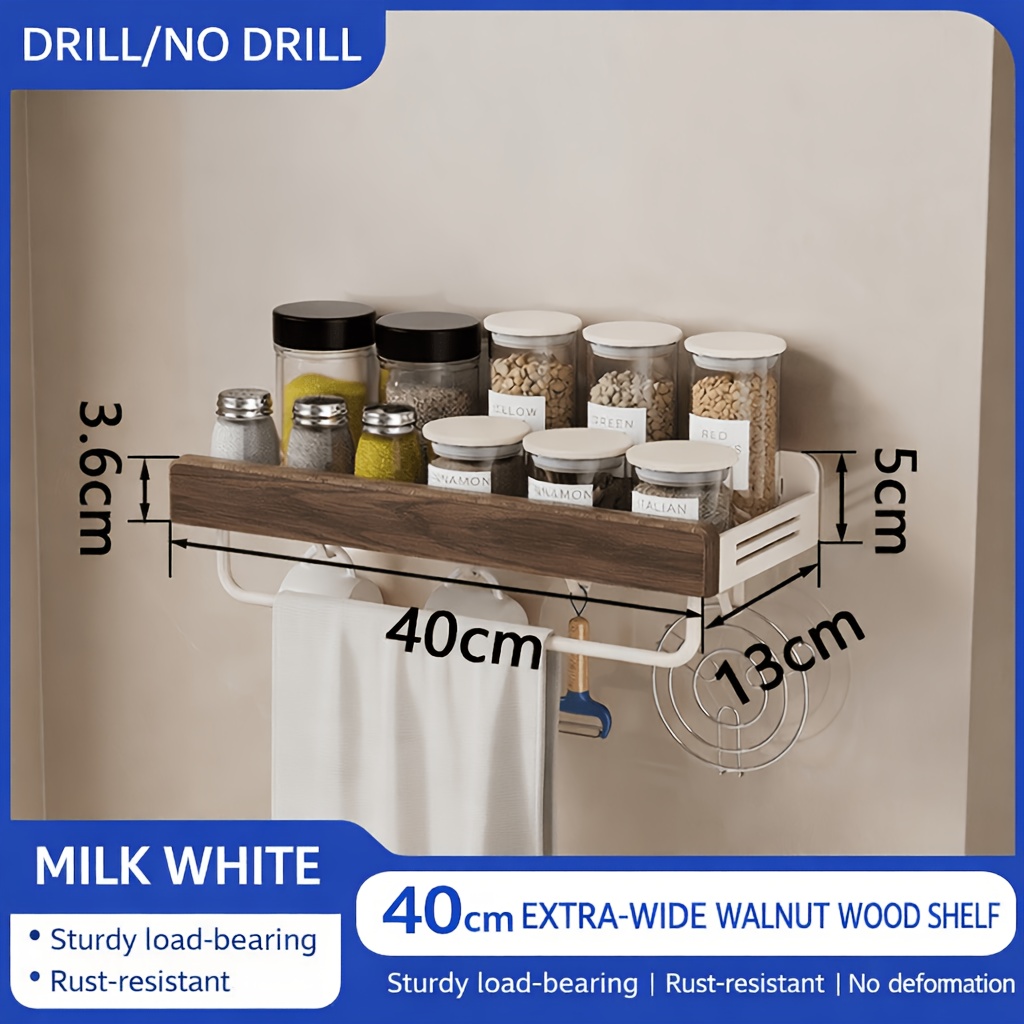 Image of Japandi Kitchen Wall Shelf No Drill, Walnut Wood And Cream White Spice Rack Organizer, Anti-fall 40cm Floating Shelf, Sturdy Rustproof Space Saver For Apartments