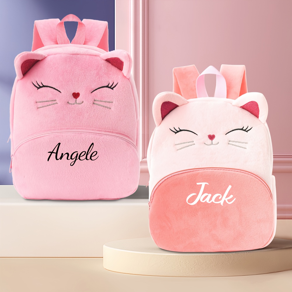 Custom Embroidered Name Plush Pink Cat Backpack