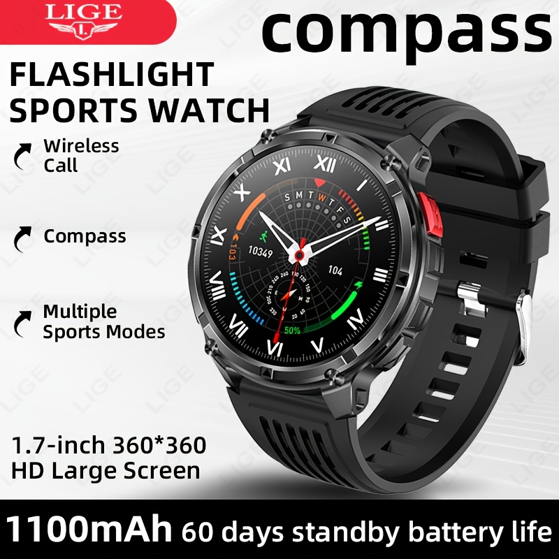 Men's Outdoor Compass Smartwatch, 1.7-inch Hd, Display, 1100mah Large Battery, 90-day Standby Time, Led Flashlight, Wireless Calling, , Men's Watch, 120 , Fitness Watch, Christmas Gift, Birthday Gift