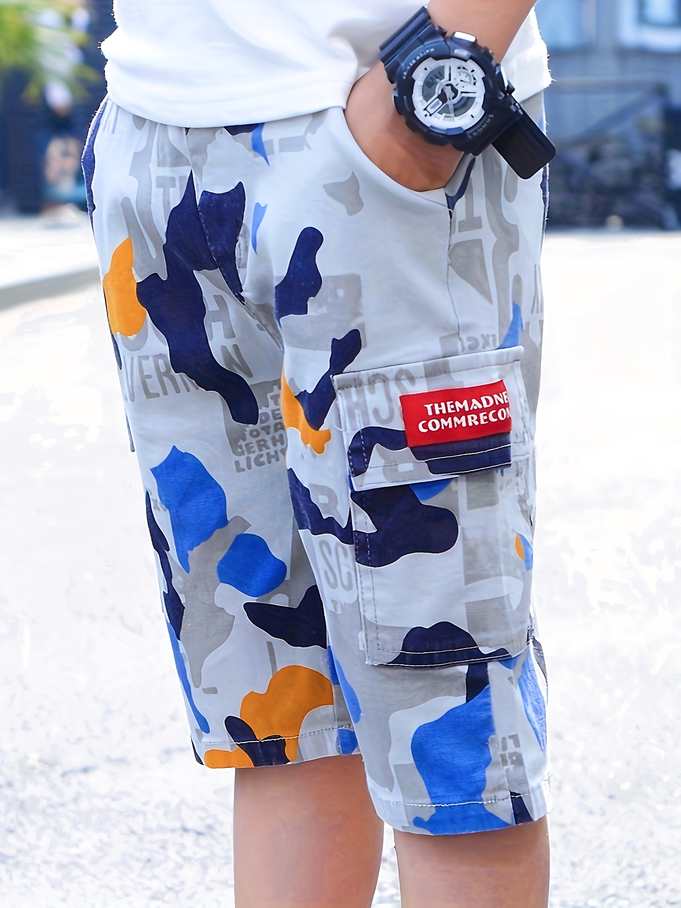 Boys' Fashion Bright Camouflage Elastic Waist Cargo Pocket Casual Shorts,  Cargo Pockets, Exquisite Label, Comfortable Stylish, Versatile for Everyda