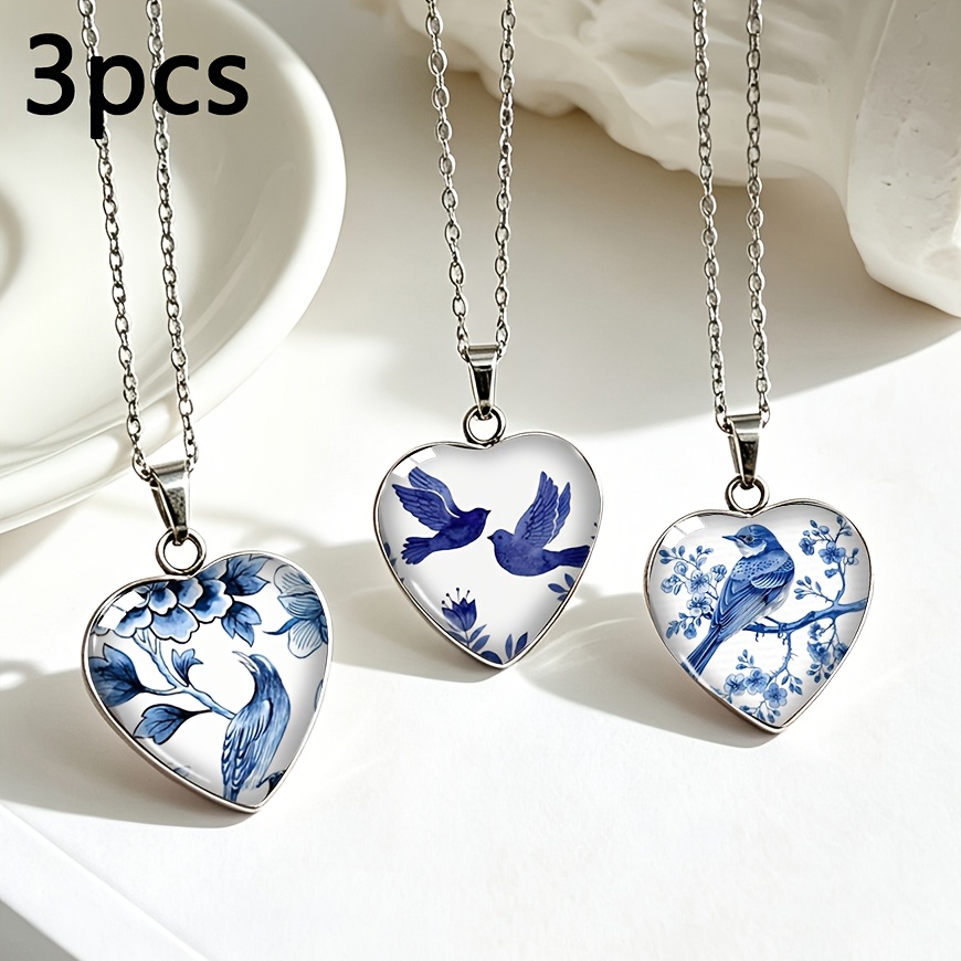 TEMU Ensemble de 3 pièces : Collier de en acier inoxydable de cœur avec pendentif en verre vintage de cœur avec oiseau floral aux de porcelaine