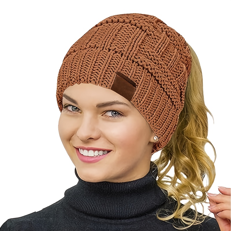 

1/ 2pcs Women Winter Ponytail Beanie Soft Warm Stretchable Cable Knit Beanie Suitable For Ponytail Women