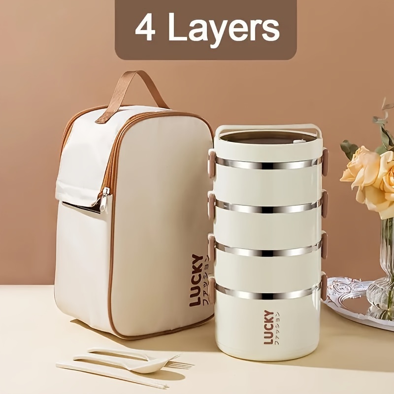 TEMU Large Capacity Stainless Steel Insulated Lunch Box Set - Reusable, Portable, And Leak-proof Bento Container With Thermal Bag And Cutlery For