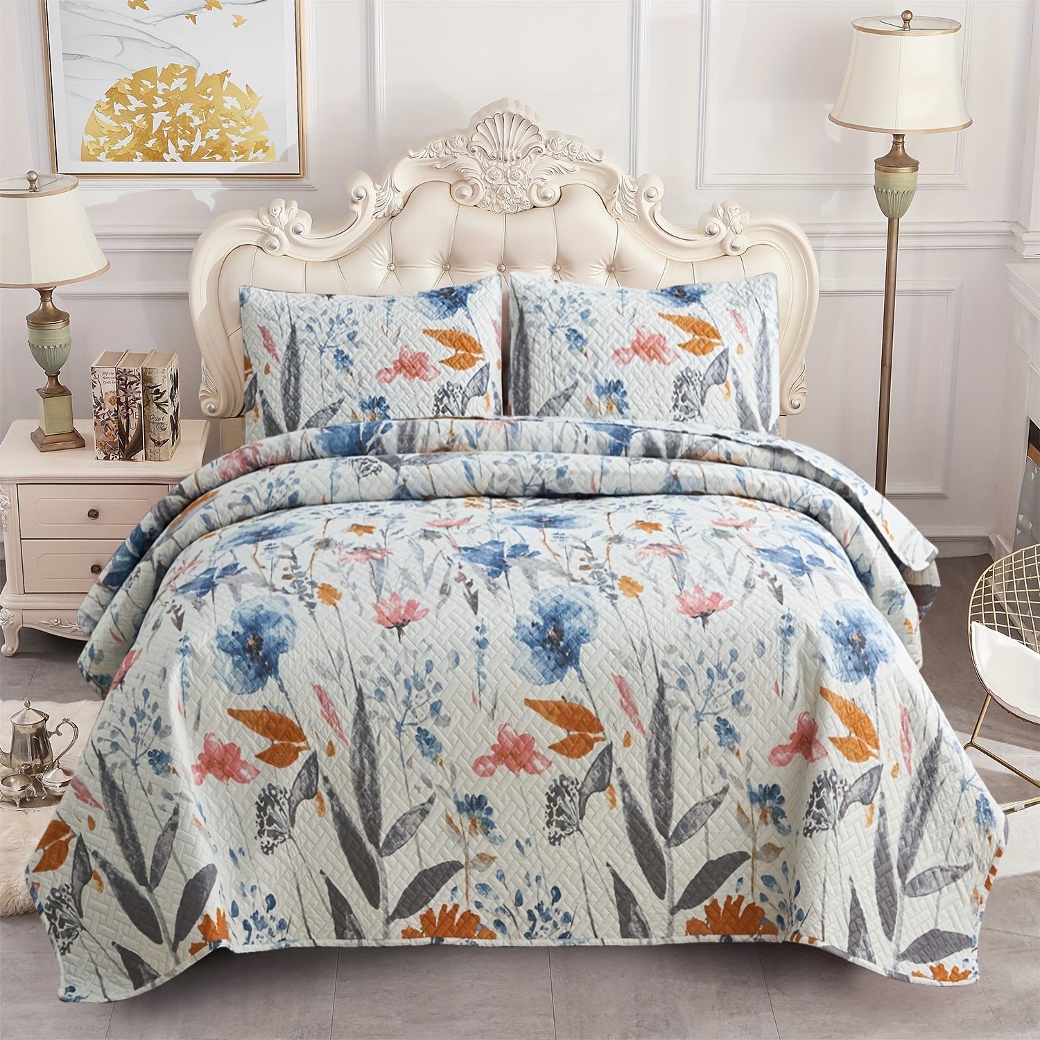 

3-pcs Watercolors Flowers Quilt Set (1*quilt + 2*pillowshams Without Filler), Soft Breathable And Comfortable Bedding Bedspread Coverlet Set Queen&king For All Season Fits Any Decro