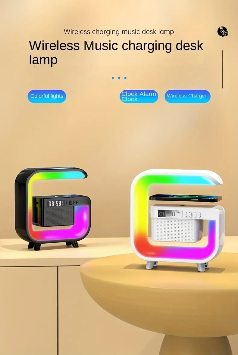 new 4 in 1 wireless charging speaker colorful led desk lamp wireless charging wireless speaker multi functional hifi speaker heavy bass speaker time alarm clock tf card speaker details 2