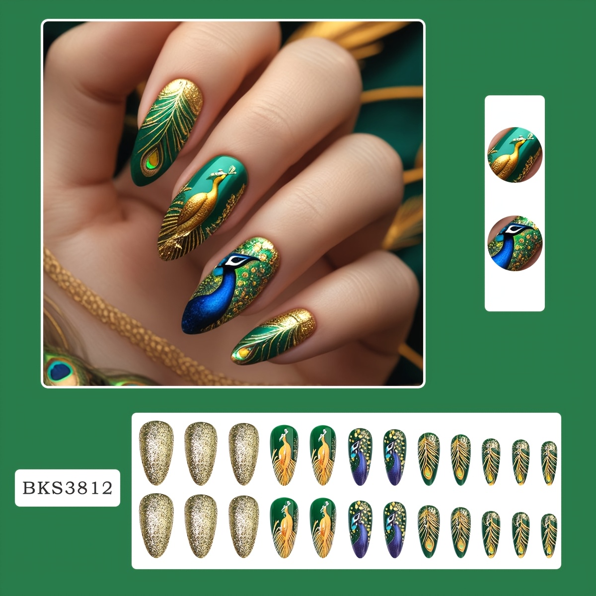 TEMU 24pcs Peacock Almond Press-on Nails Green Golden Glitter Finish, Exquisite False Nails Set