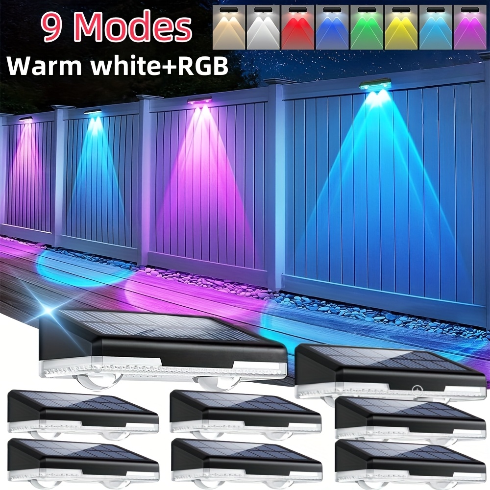 TEMU 4/8pack Solar Fence Lights Outdoor, 9 Solar Powered Step Lights, Warm White Rgb Color Changing, Led Lighting Pathway For Outside Patio Garden