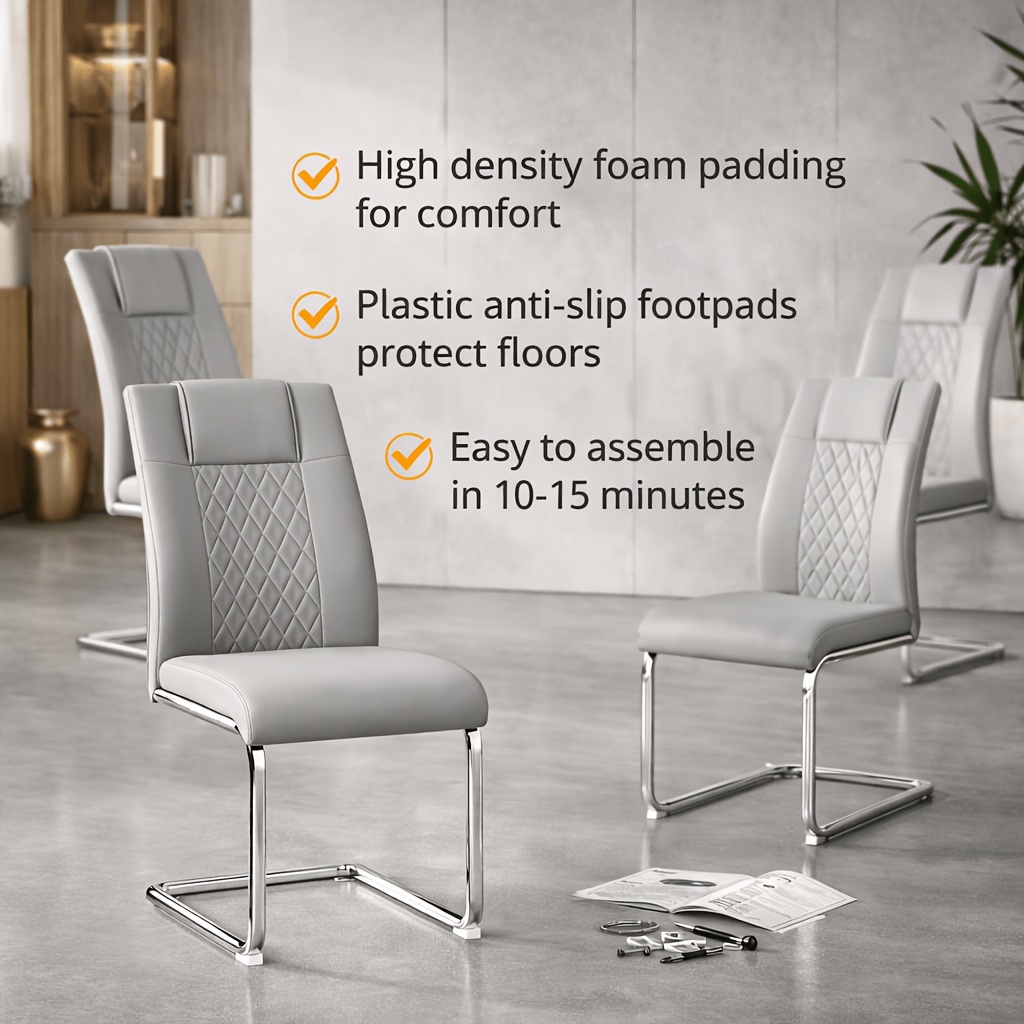 Modern PU Leather Dining Chairs Set of 4 - Light Gray/Dark Gray Suitable for Kitchen, Living Room & Dining Room, Foam Cushioned Seats, Cantilever Base with Anti-Slip Footpads, PVC-Coated Faux Leather Armless Chairs, Easy Assembly