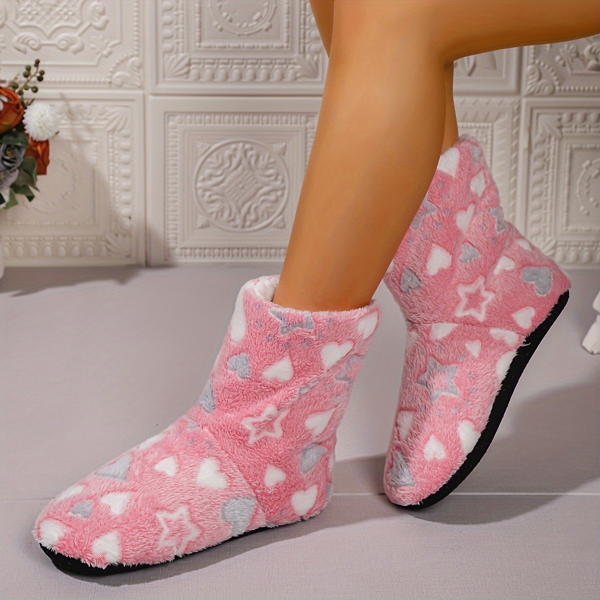 cozy star heart print plush womens slipper boots warm non slip   calf floor shoes with soft sole details 4