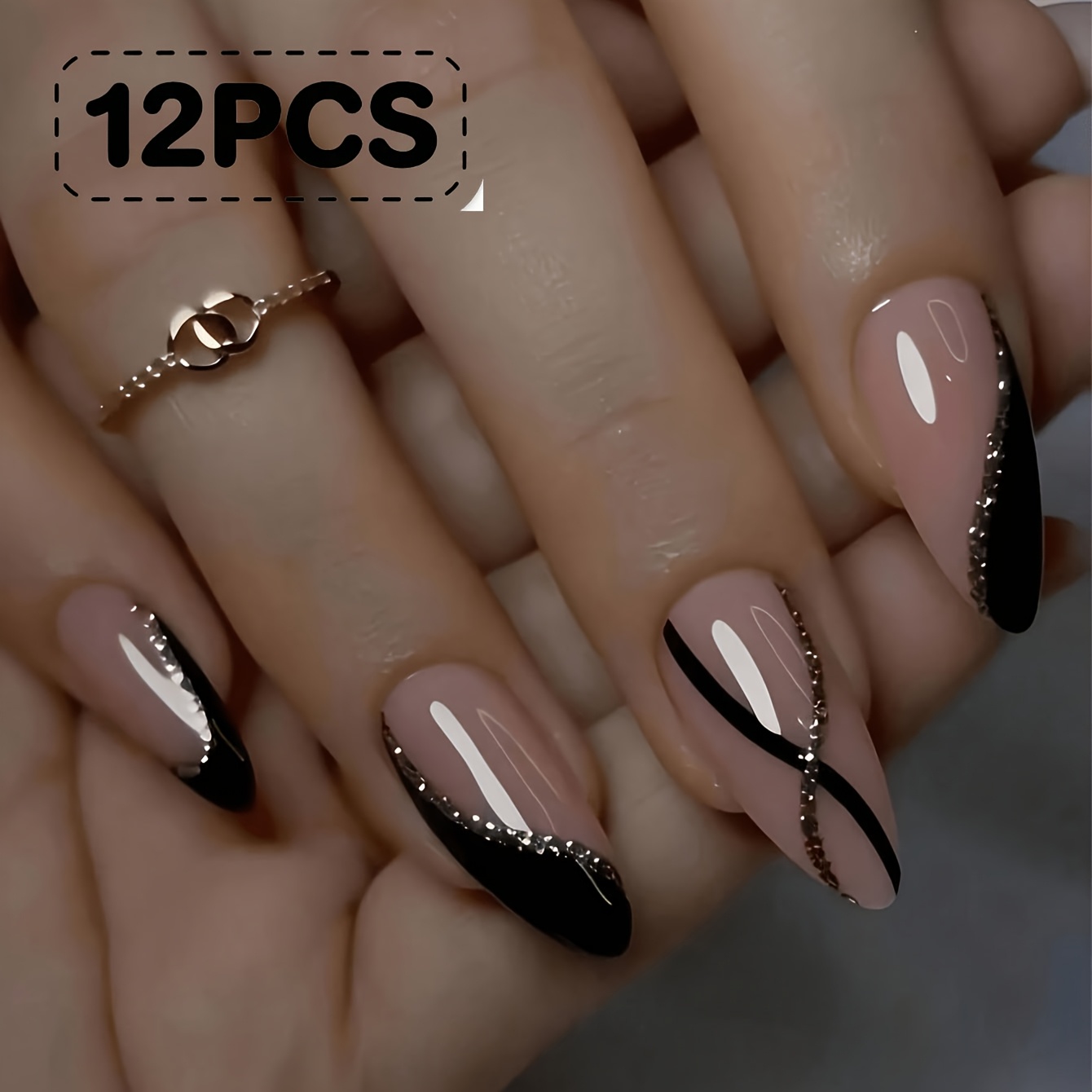 TEMU 12pcs French Medium-sized Almond-shaped Black-golden Artificial Nail Glitter Lines In Minimalist Style - Full Coverage Fake Nails Suitable For