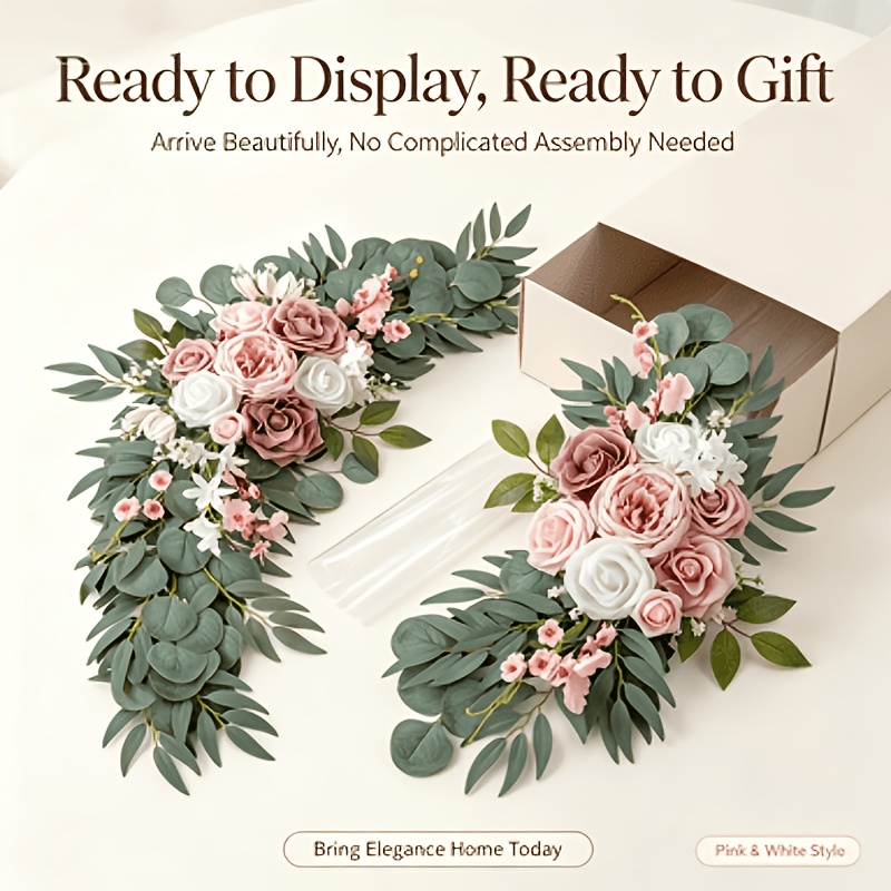 TEMU 2pcs Ready To Display Dusty Pink & Ivory Artificial Floral With Eucalyptus Leaves, Pre-assembled Faux Rose Flower Arrangement, Farmhouse Decor