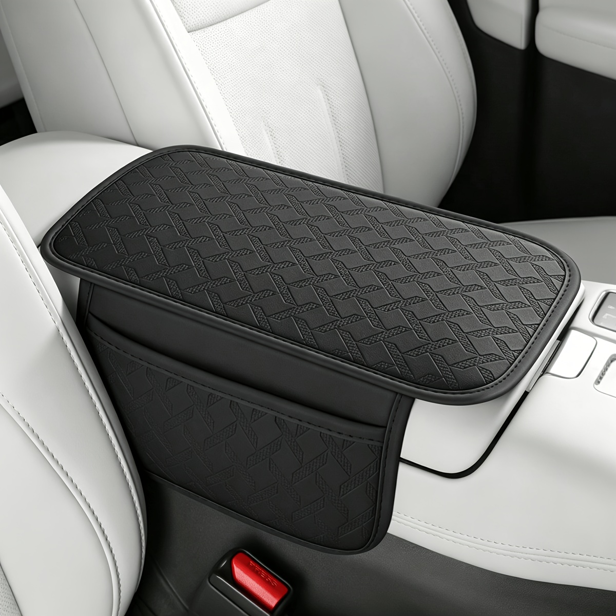 TEMU 1pc Universal Extended Faux Leather Car Center Console Armrest Cover, (dual Pocket Or No Pocket), Embossed Vintage Pattern, Non-slip And Durable