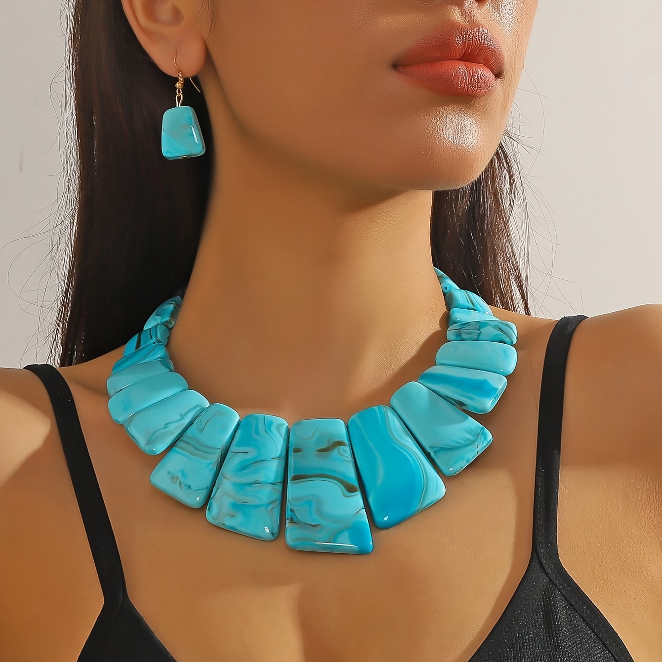 

Vintage-inspired Turquoise Necklace And Earrings Set - April Birthstone, Synthetic Stone, Acrylic Material, Suitable For Gifts And Parties