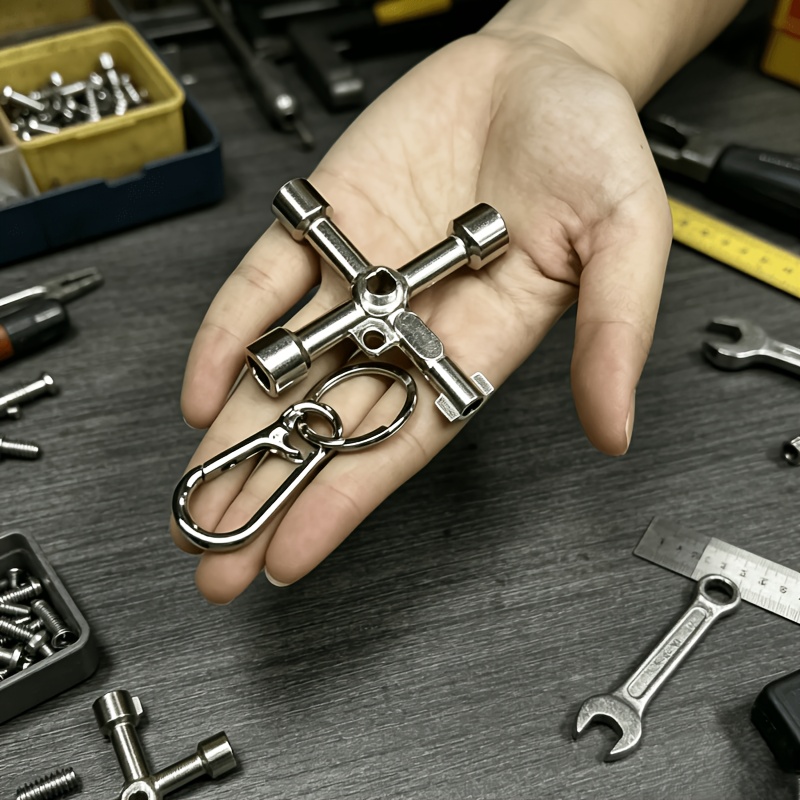 TEMU 2pcs Silvery Keychain And Industrial-grade Cross Wrench, Durable Tool For Elevator Doors, Electrical Control Boxes And Faucet Valves, Sturdy