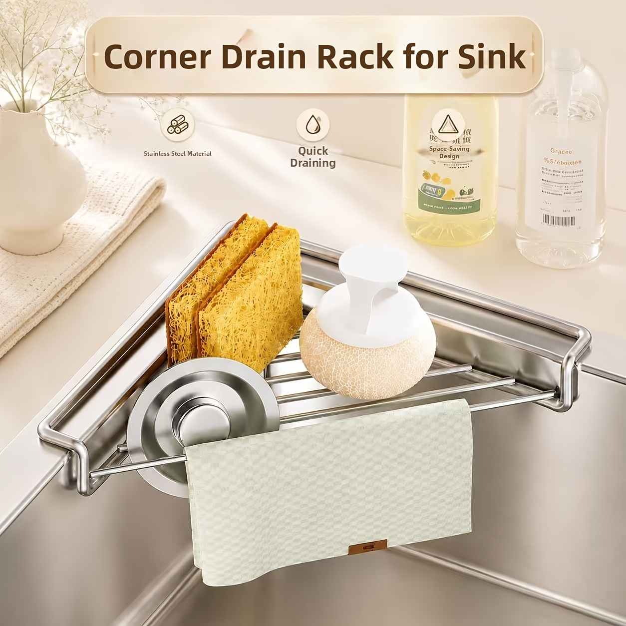 Stainless Steel Triangular Sink Draining Rack Organizer