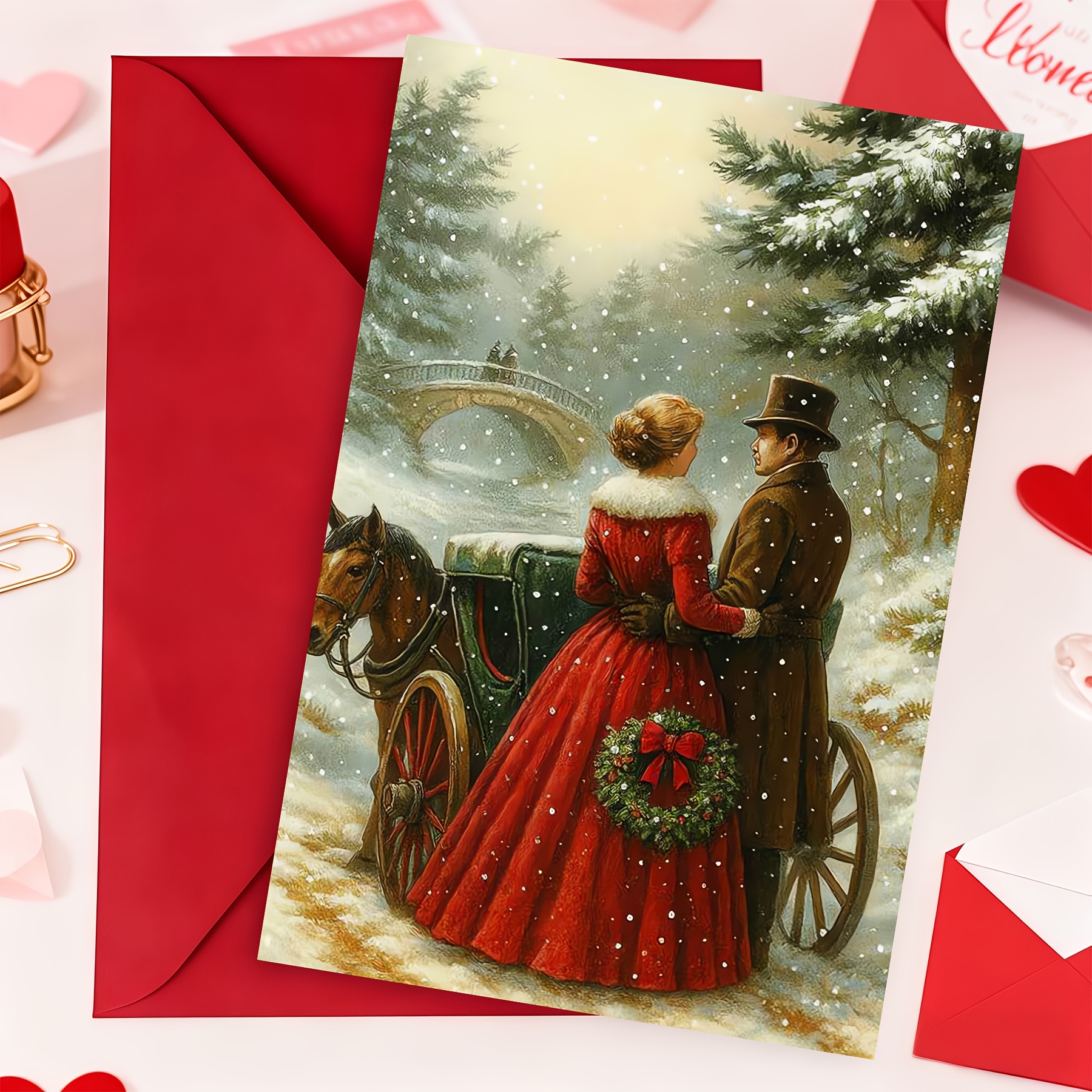 TEMU Vintage Victorian Christmas Cards With Envelopes, Romantic Winter Couple And Carriage Design Cards, Nostalgic Snowy Holiday Cards, Classic