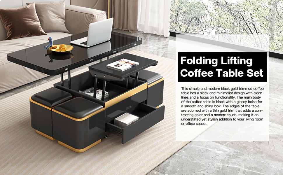多功能升降咖啡桌，带4个储物凳的可伸缩咖啡桌，适合客厅、办公室和小空间的节省空间折叠餐桌，  商品详情 0