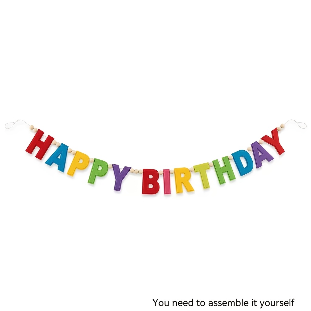 Image of Pre-assembled, New Felt Wood Bead Birthday Banner Garland, Birthday Letter Banner, Suitable For Birthday Party Decoration