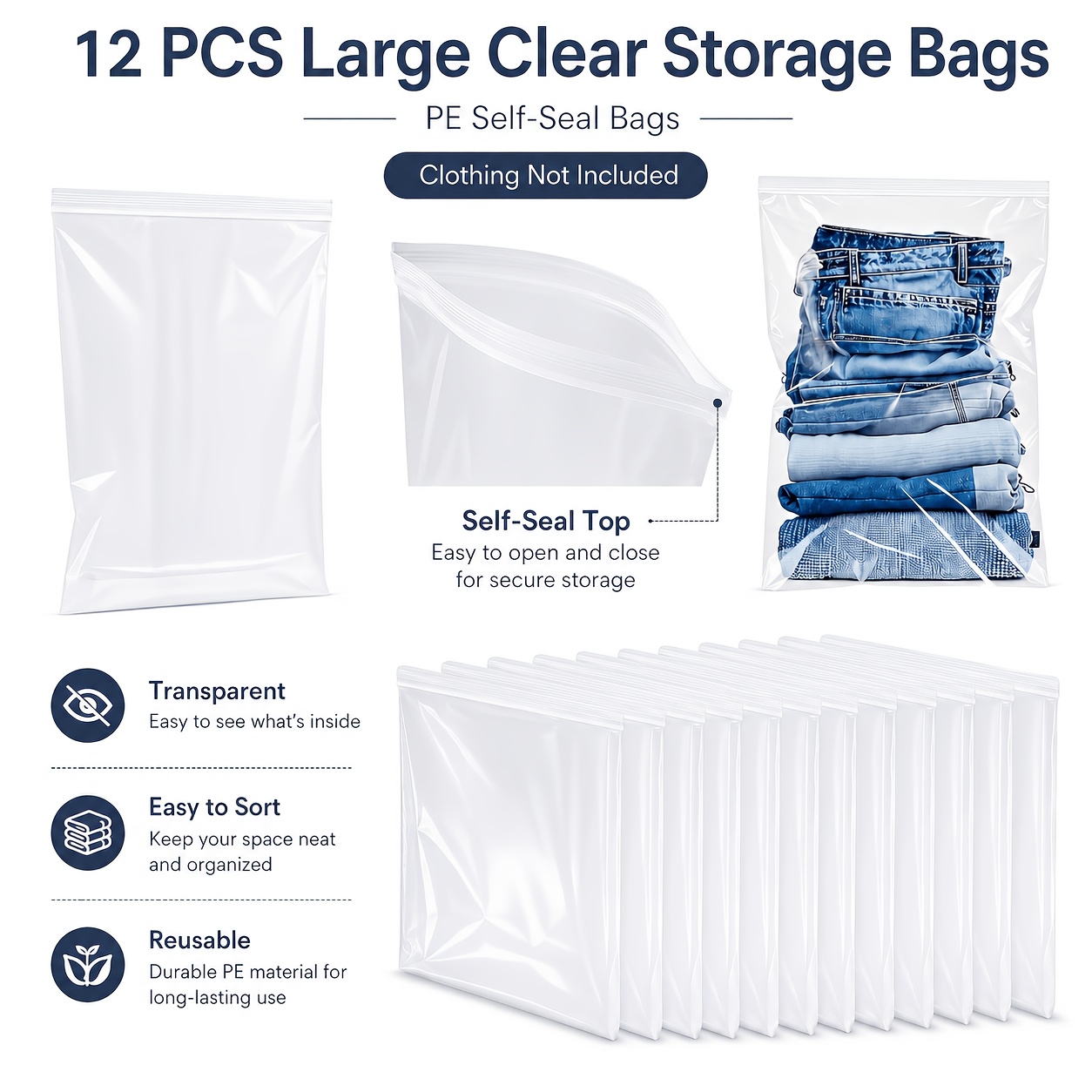 TEMU 12-pack Clear Plastic Garment Bags - Large Capacity Pe Material Bags With Zipper Closure, Suitable For Shoes, Handbags, Bedding, And More, Ideal