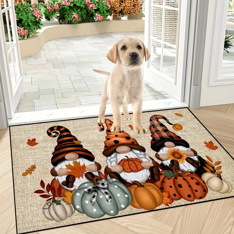 

Thanksgiving-themed Doormat - 3 Gnomes, Maple Leaves & Pumpkins Design | Non-slip, Machine Washable Polyester Rug For Indoor/outdoor Use | Perfect For Entryway, Bedroom, And Home Decor