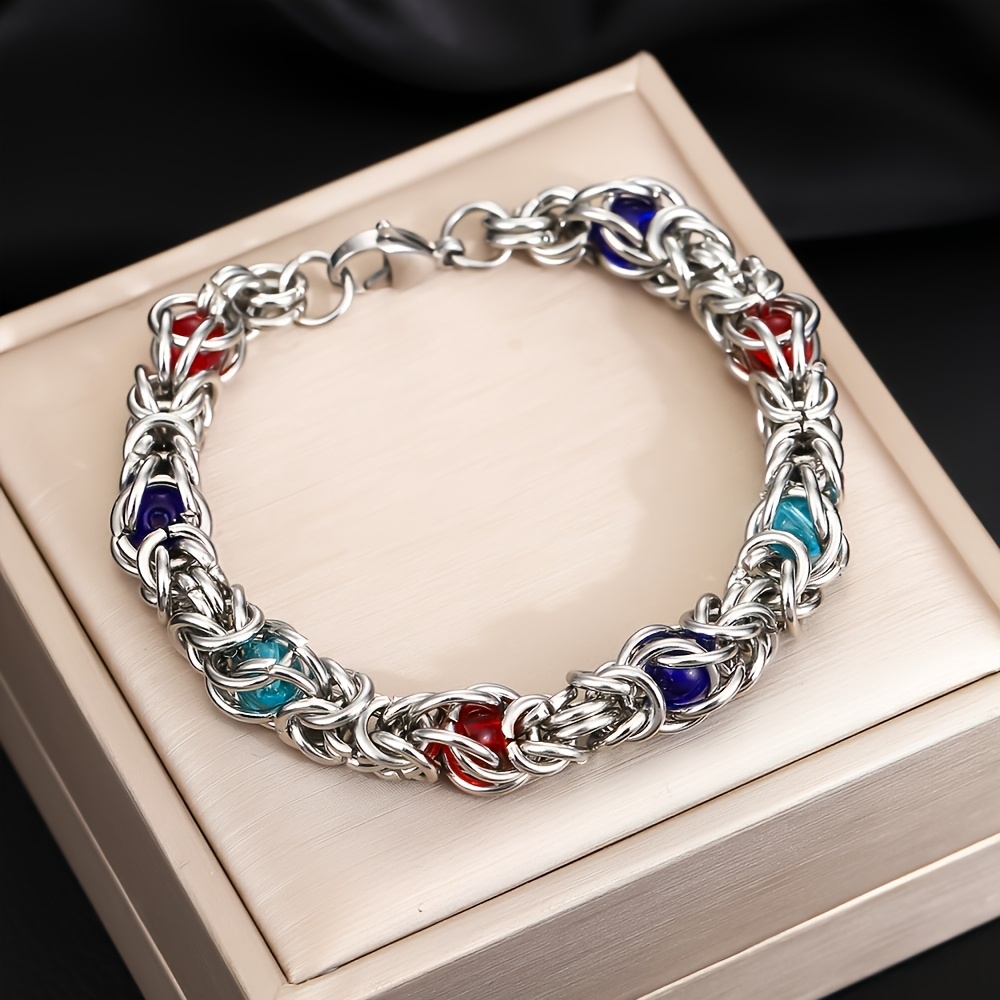 TEMU 1pc 925 Silver Lock Armor Bracelet | Colorful Beaded Gothic Hip Hop Style Unisex Jewelry