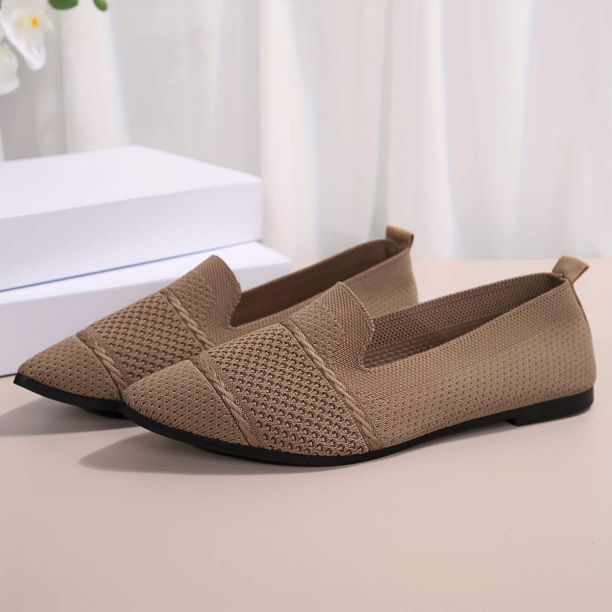 Elegant Ballet Flat Shoes For Women, Slip-On Breathable Soft Sole Daily Knitted Ballets, Point Toe Daily Wear