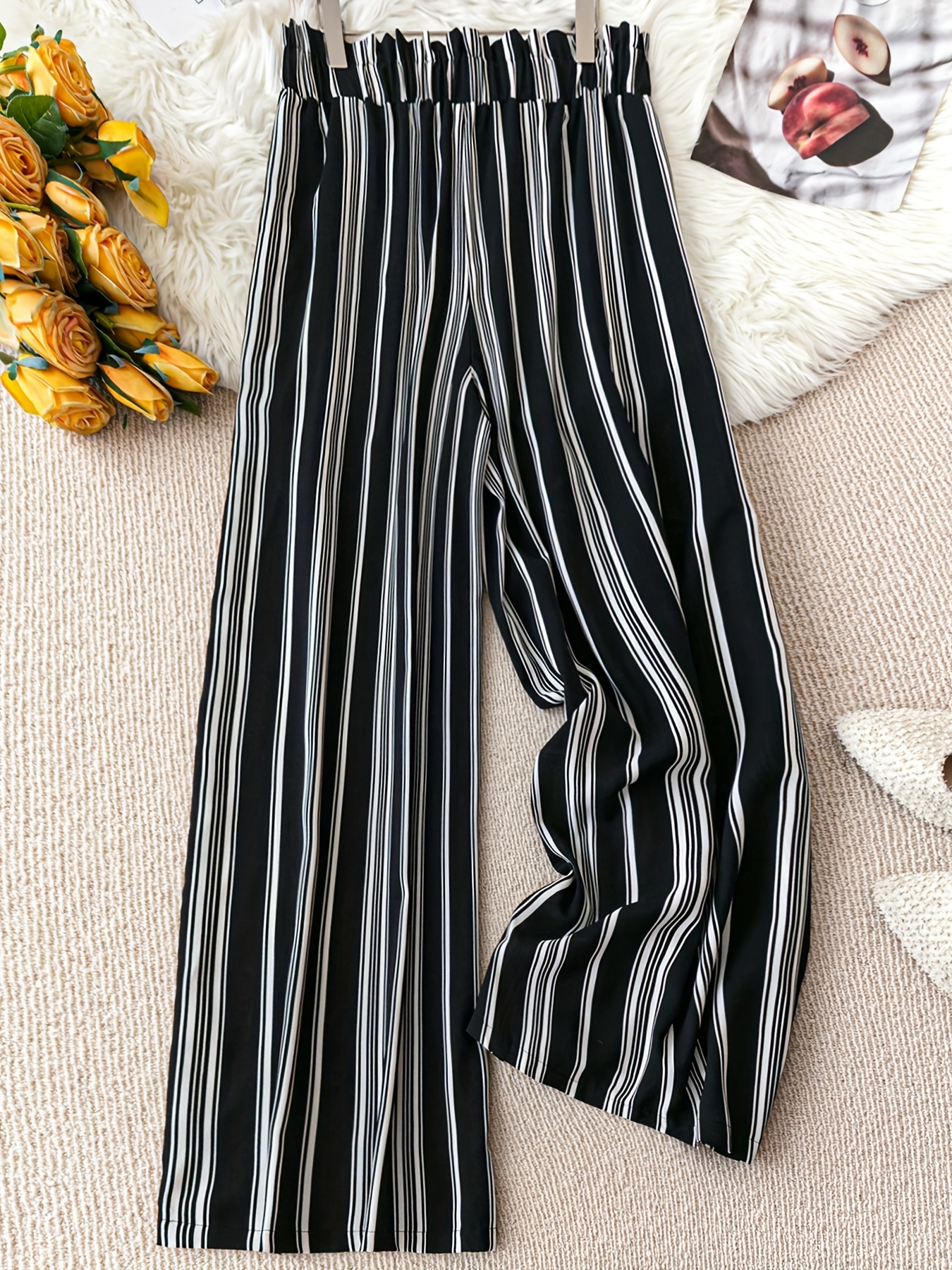 womens black white striped wide leg pants elastic waist Temu