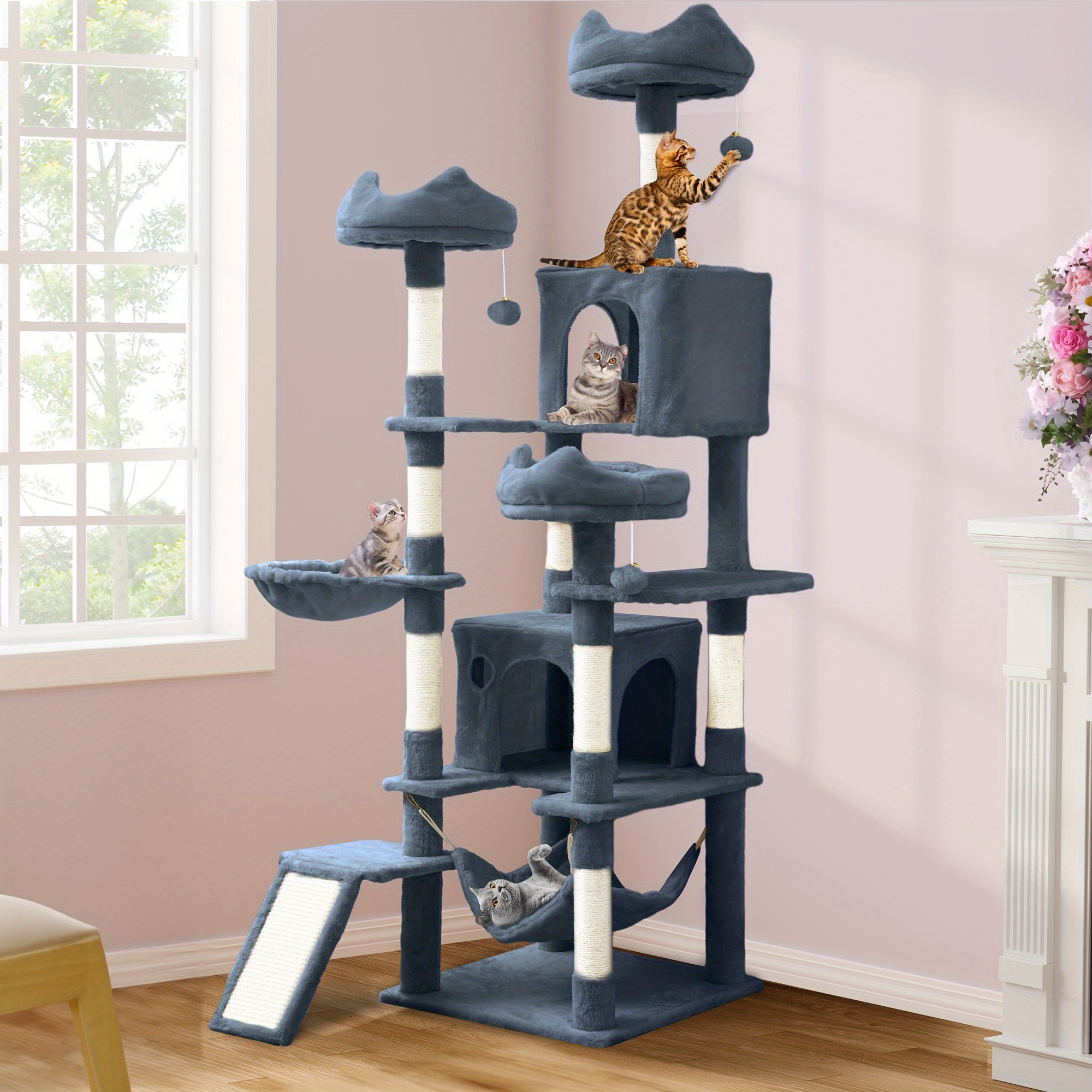 

75in Cat Tree For Indoor Cats, Multi-level Cat Tree Tower With Sisal Scratching Post, Pet House With 2 Large Condo Bed, Kitty, Kitten Tower, Cat Tree For Large Small Cats With Anti-tilt Device