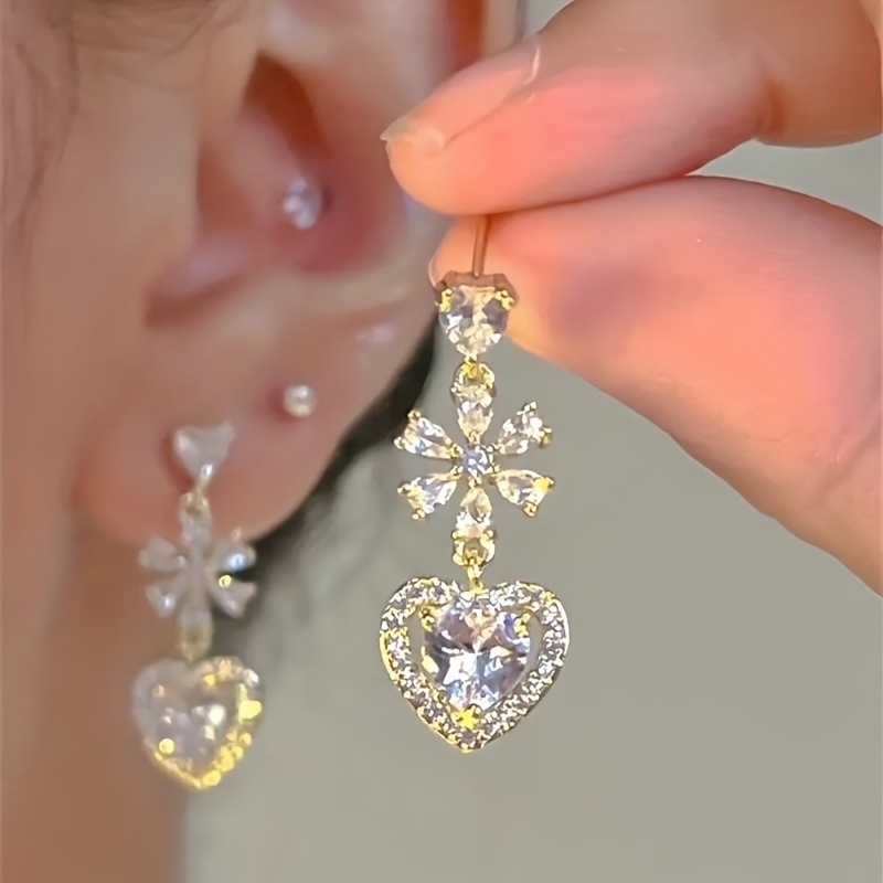 

Shaped Flower Earrings - Glamorous Dangle Style With Sparkling Zirconia Stones - Elegant & Seductive Jewelry For Daily Chic