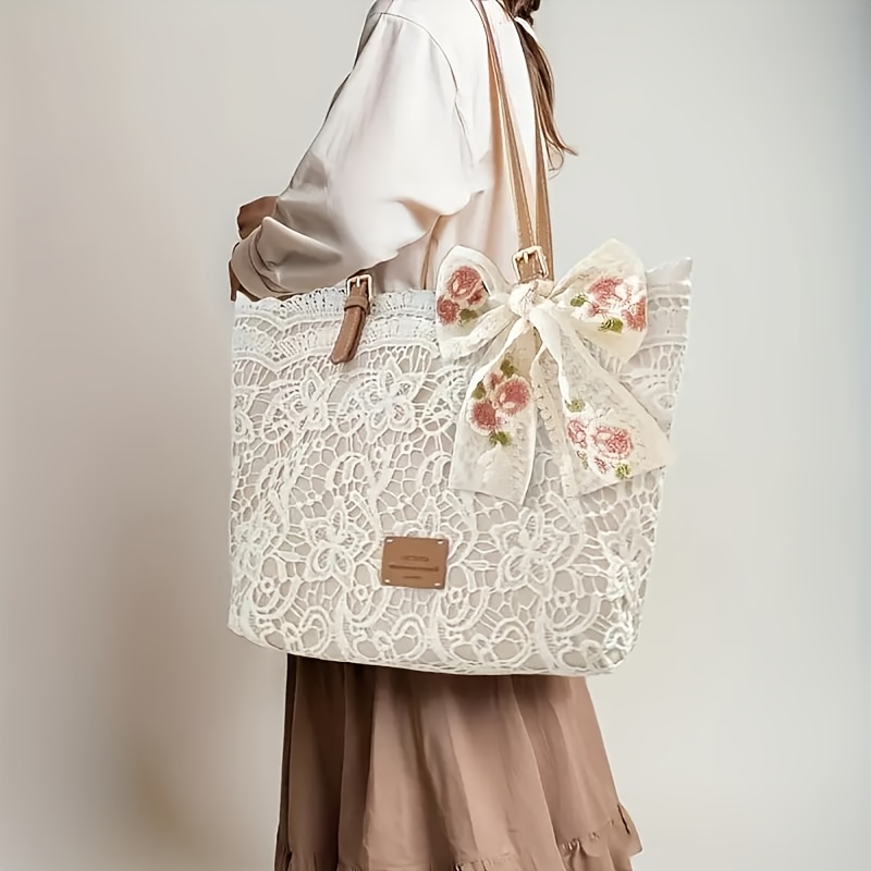 TEMU 2025 Lace Tote/shoulder Bag: Stylish & High-quality With Floral Accents, Great For Everyday Use Or Photography, Present (halloween/thanksgiving/christmas)