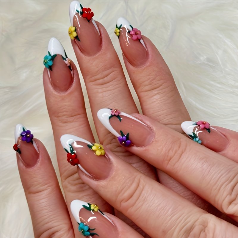 TEMU 24 Uñas Postizas Estilo con Almendras, Diseño de Uñas Portátiles de Flores Francesas Dulces , Parche de Uñas Brillantes Removible