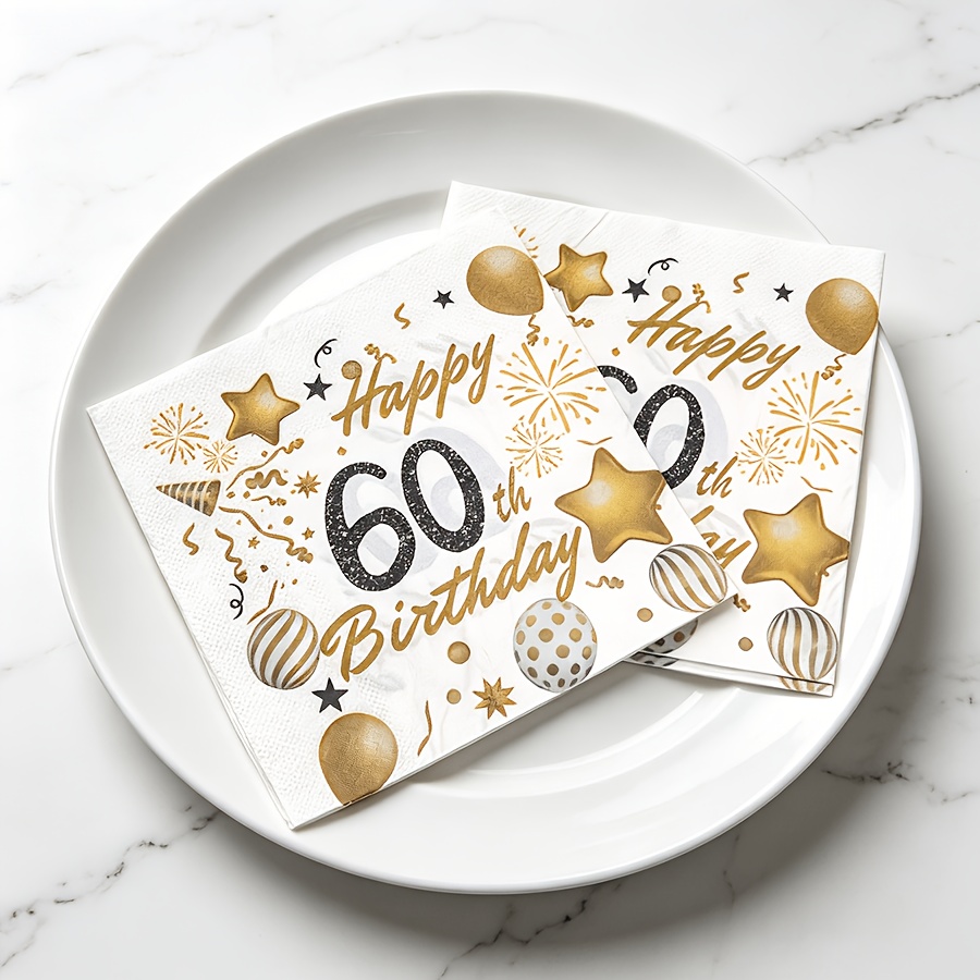 TEMU 20 serviettes à thème d'anniversaire, serviettes de fête pour 60e anniversaire, avec ballons dorée, feux d'artifice et motif rayures colorées,