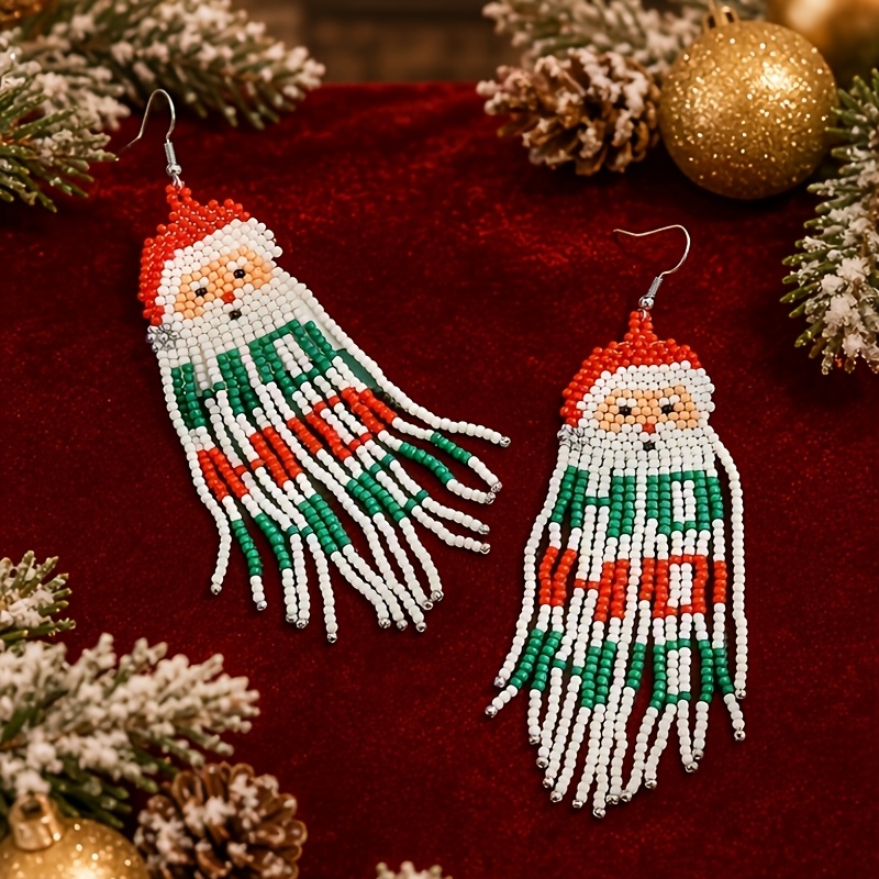 TEMU Boucles d'oreilles pendantes à franges perlées Père Noël de Noël pour femme, goutte à pompon en perles de rocailles rouges, blanches et vertes