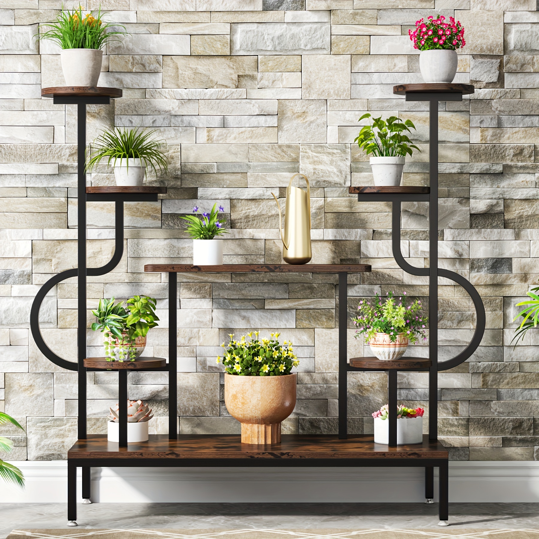 

Little Tree Large Tall Plant Shelf For Multiple Plants, 8-tier Metal Plant Stand, Round & Square Boards, Wood Indoor Ladder Holder Flower Rack For Living Room, Patio, Balcony
