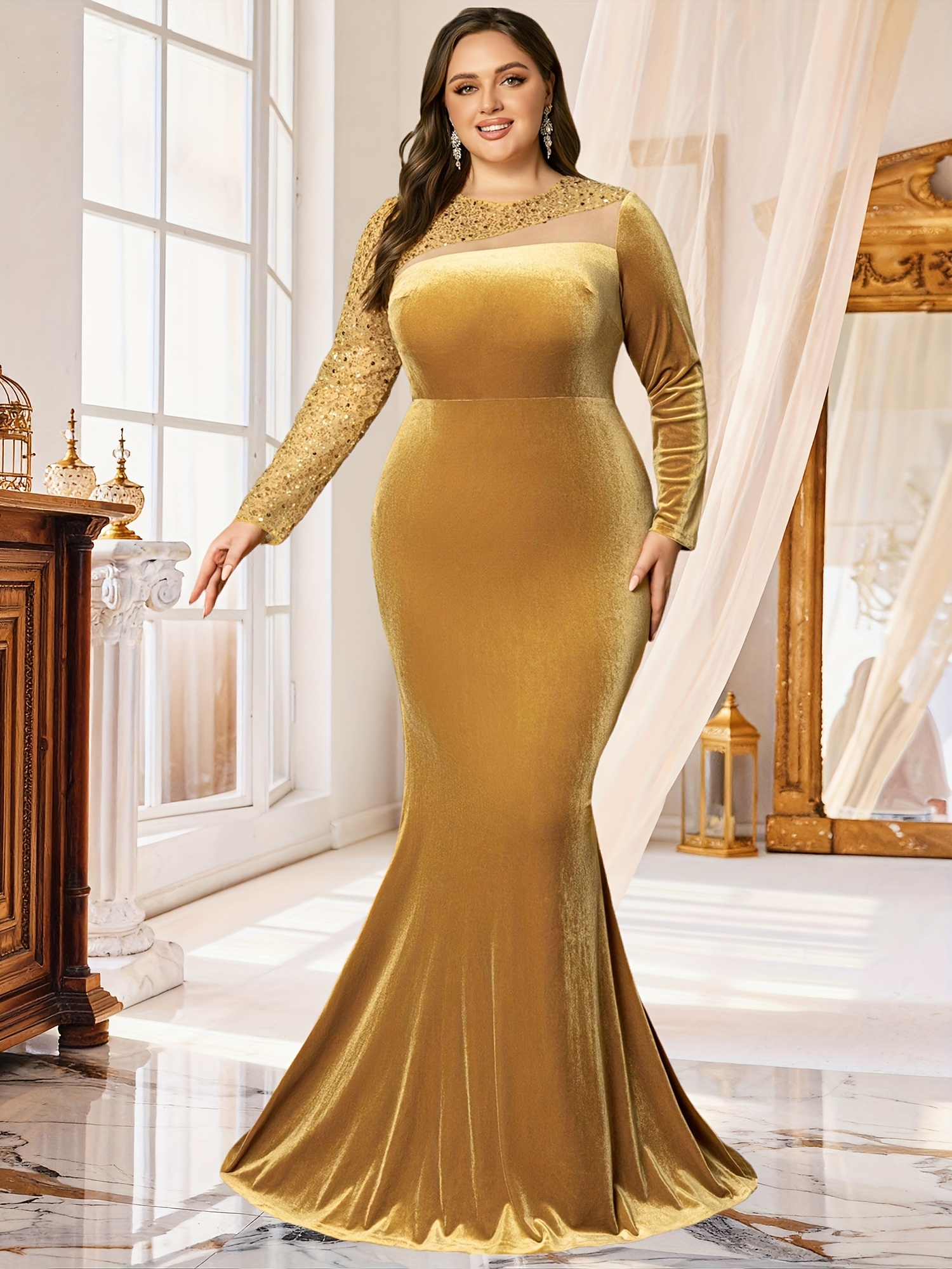 gold velvet dress plus size Vintage Plus Size Velvet Maxi Dress