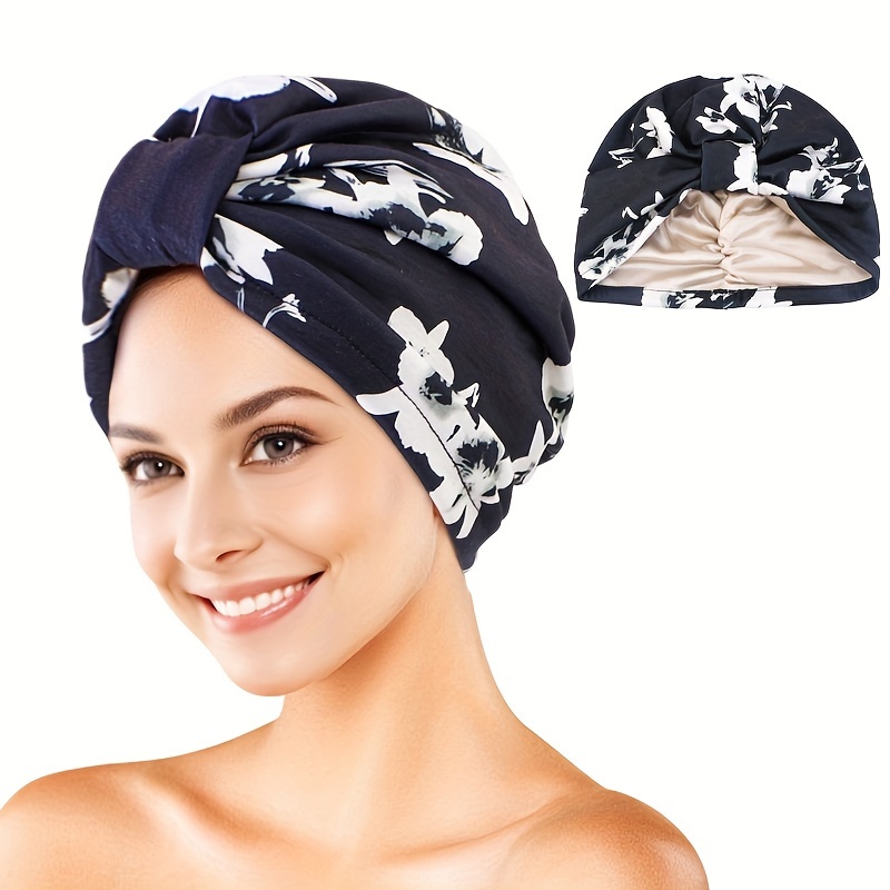 

1pc Floral Print Satin-lined Sleep Cap - Soft Polyester Hair Wrap For Women, Black & , Headscarf, Chemotherapy Hat, And , Sleep Hair Protection | Comfortable Headwear | Satinlined Polyester